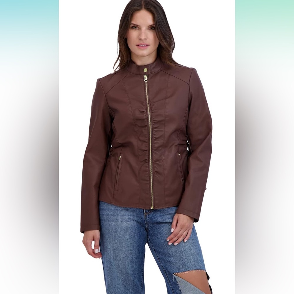 Baccini Brown Faux Leather Zip Front Jacket